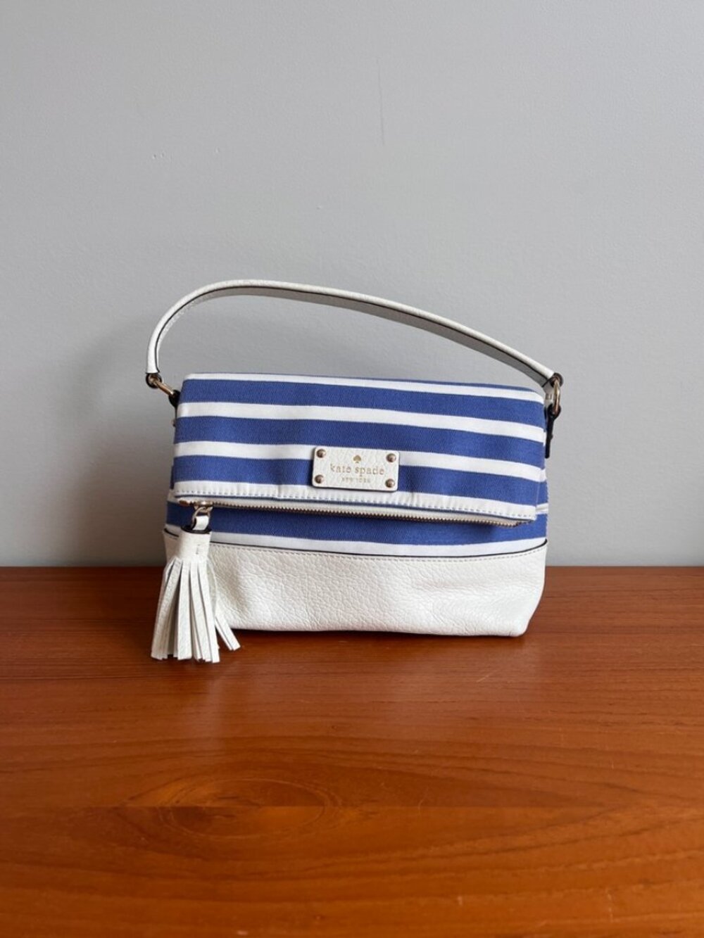 Kate Spade New York Blue & White Stripe Crossbody Shoulder Bag Tassel
